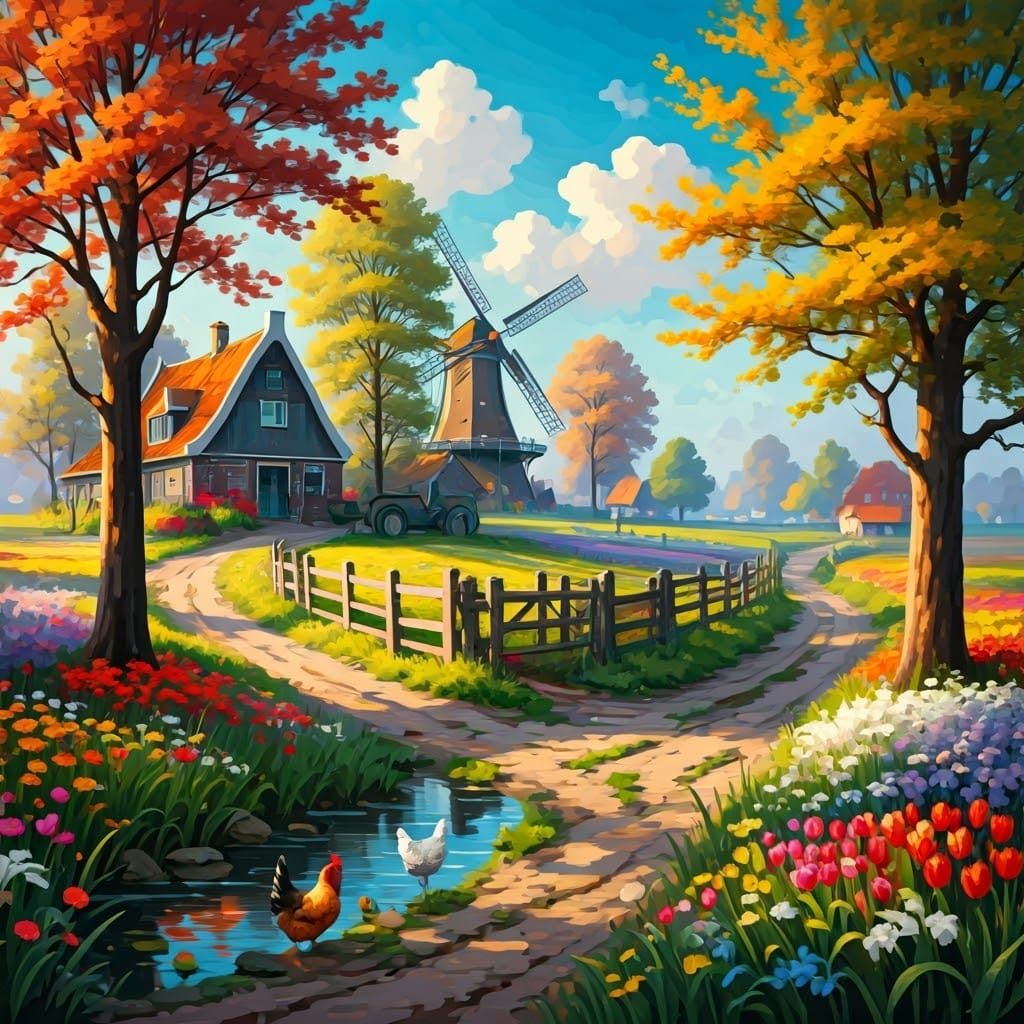 Idyllic Dutch Countryside Scene with Windmill and Blooming F...