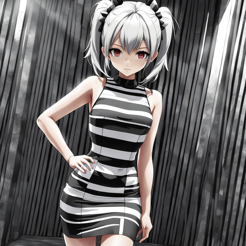 Hot Anime Girl in Black and White Dress