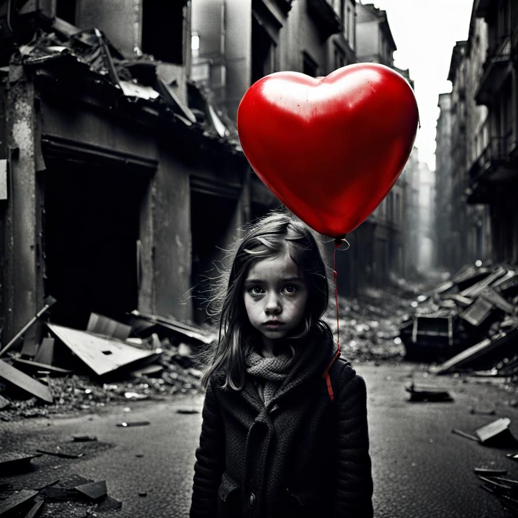 Girl with Red Balloon in War-Torn Street, Charcoal Drawing