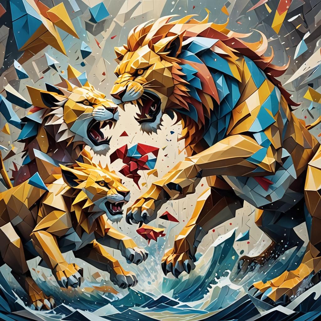 Lion vs Pokemon in Cubist Anime Style