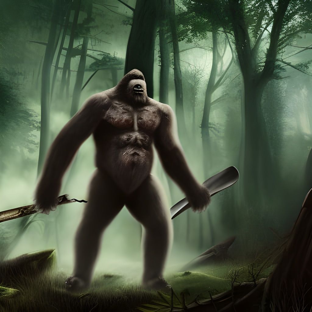 Bigfoot Warrior Fighting Zombies in Dark Forest