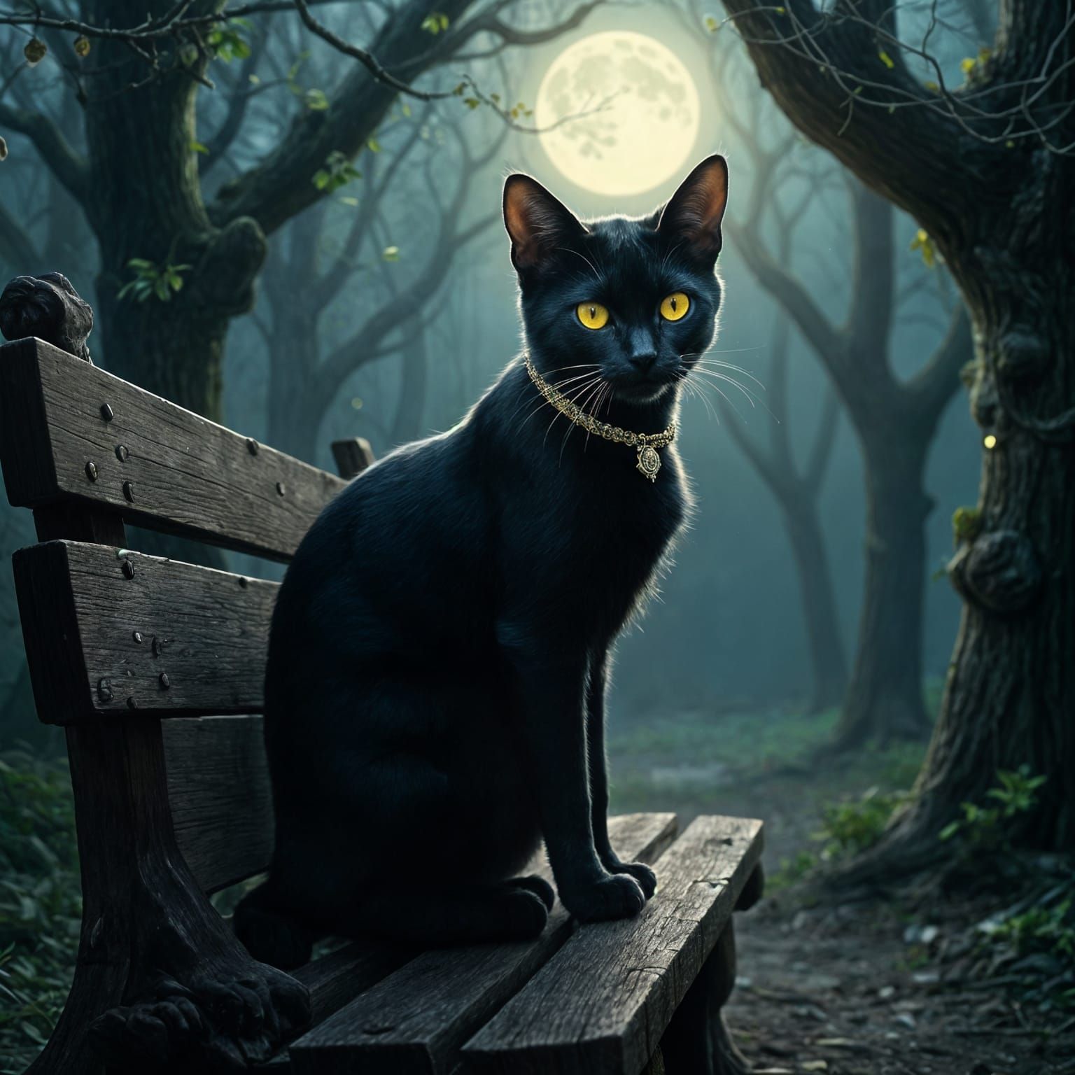 Black Cat in Moonlit Park: Dark Fantasy Art