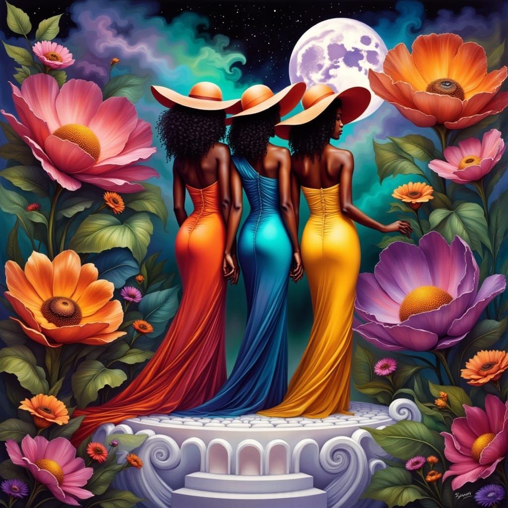 Three Black Women in Vibrant Dresses on a Sculptural Pedesta...