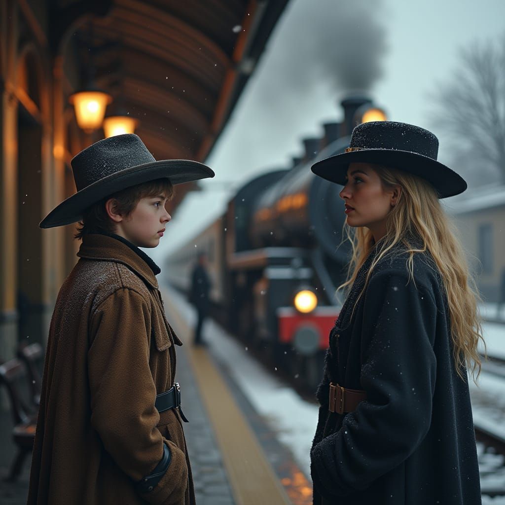 Realistic Train Station Scene with Cowboy Boy and Woman