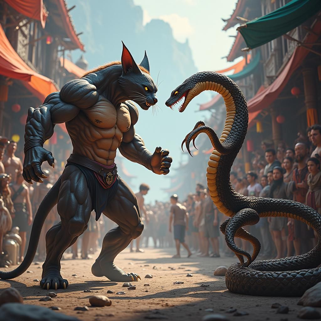 Cat Versus Snake in Mystical Marketplace