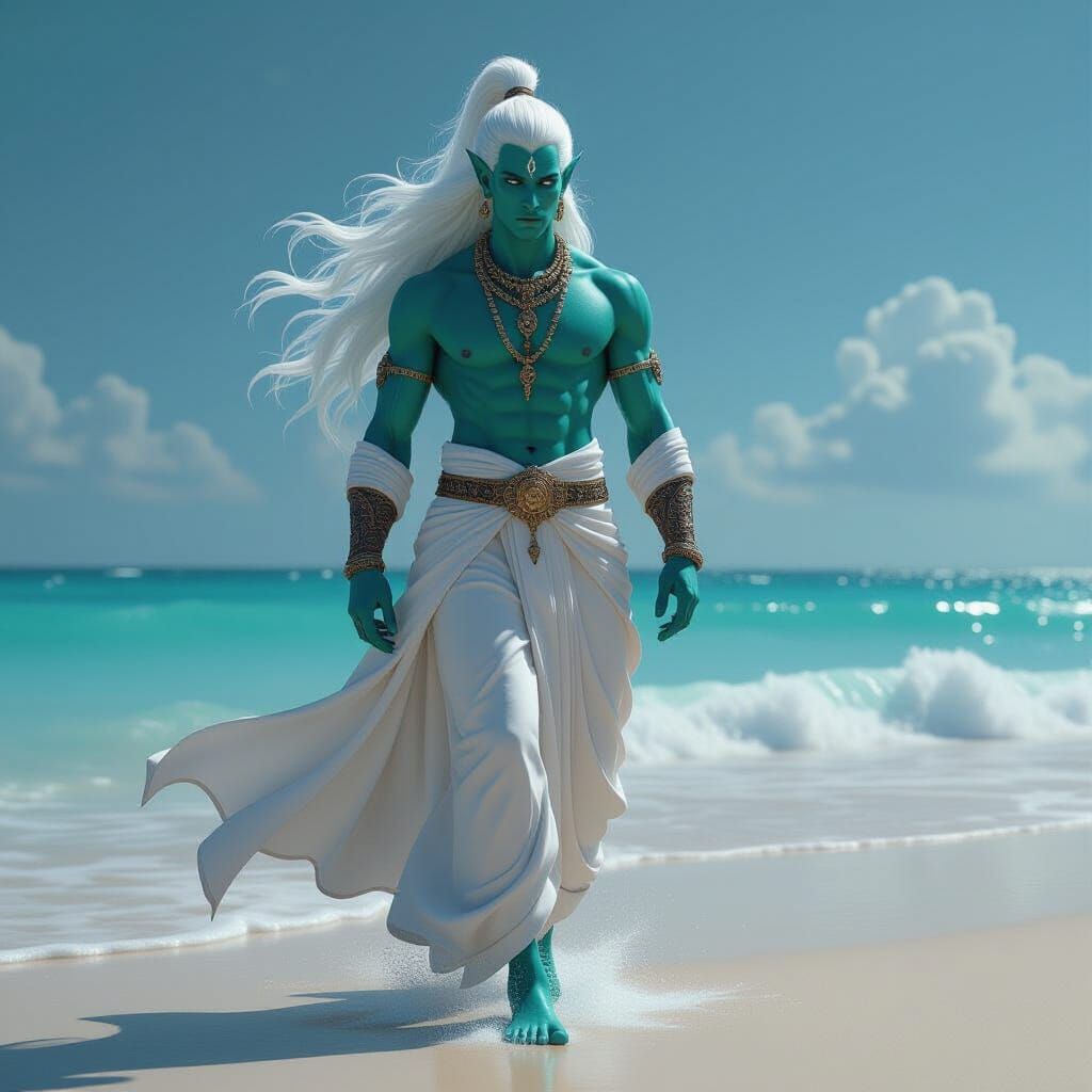 Powerful Djinn Walking on Beach in Digital Art Style