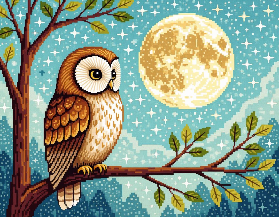 Whimsical Owl Cross-Stitch Art with Moonlight