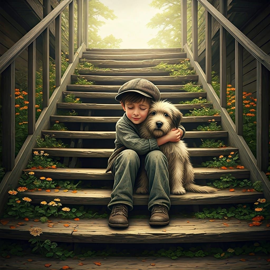 Boy and Dog Embrace in Oil Paint Splatter Style