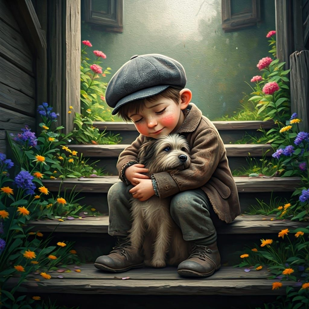 Melancholy Boy and Dog Embrace in Painterly Style