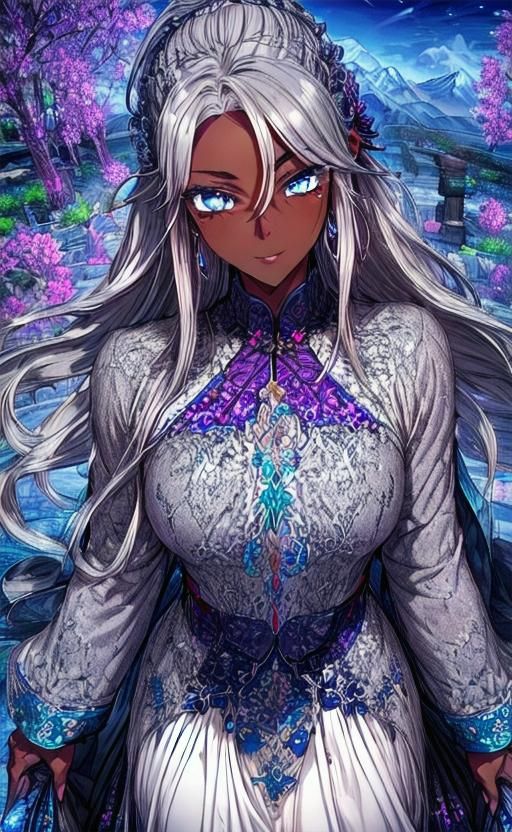 Dark-Skinned Silver-Haired Warrior in Mountain Temple