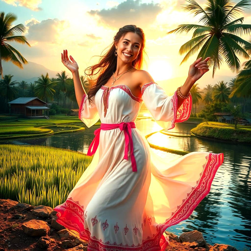 Beautiful Woman Dancing by Lake: Fantasy Art
