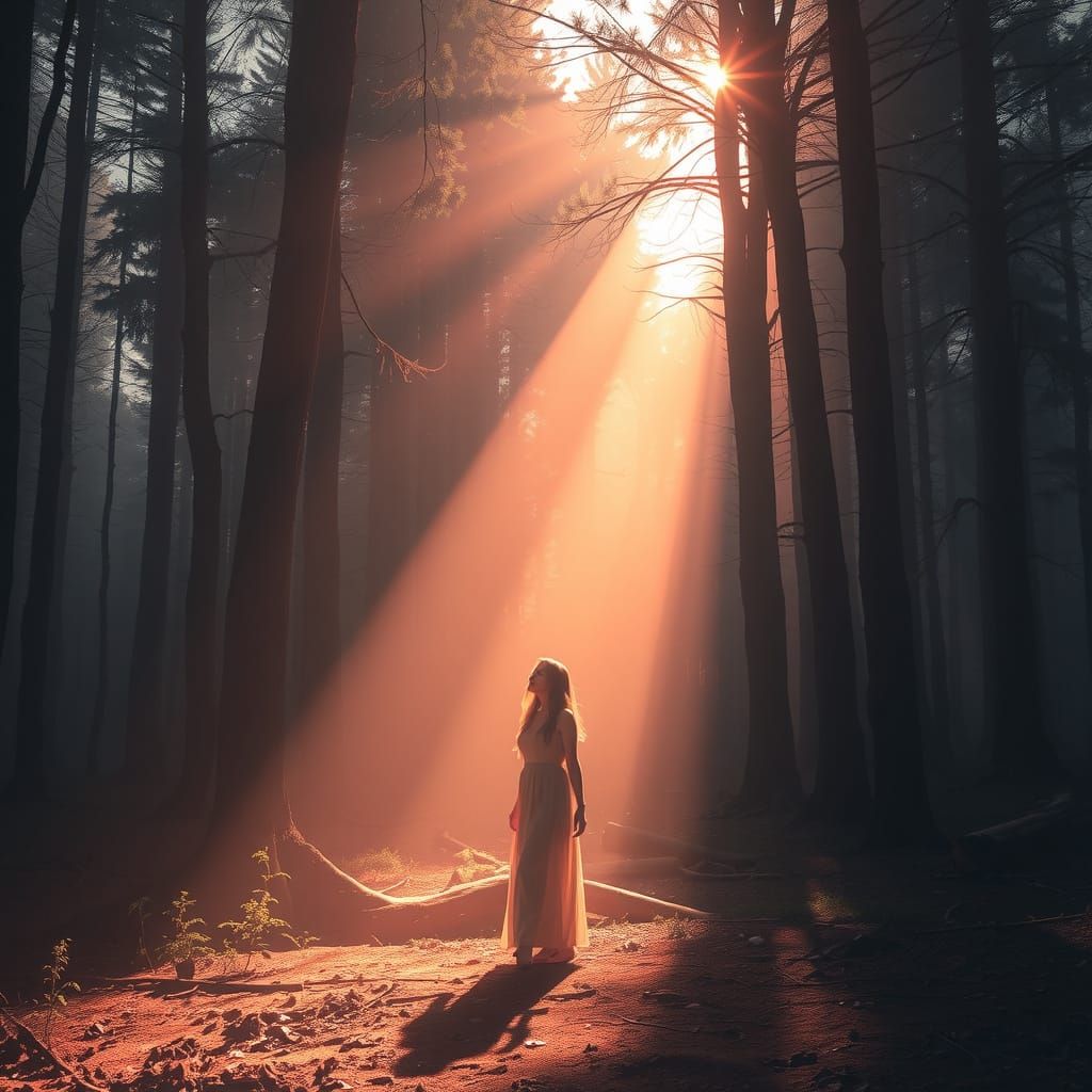 Woman in Mystical Forest with Crepuscular Light
