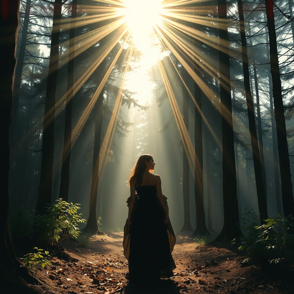 Forest Woman in Crepuscular Light, Detailed Art