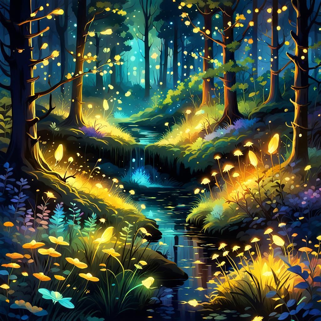 Fireflies glowing in the night of the enchanted forest.