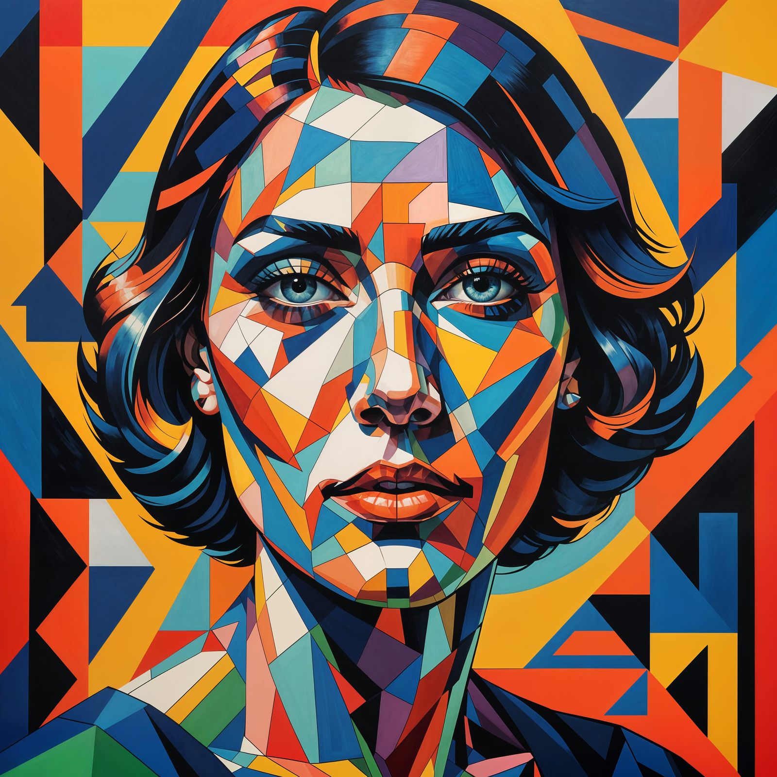 Angular Portrait in Cubist Style with Layered Geometric Elem...