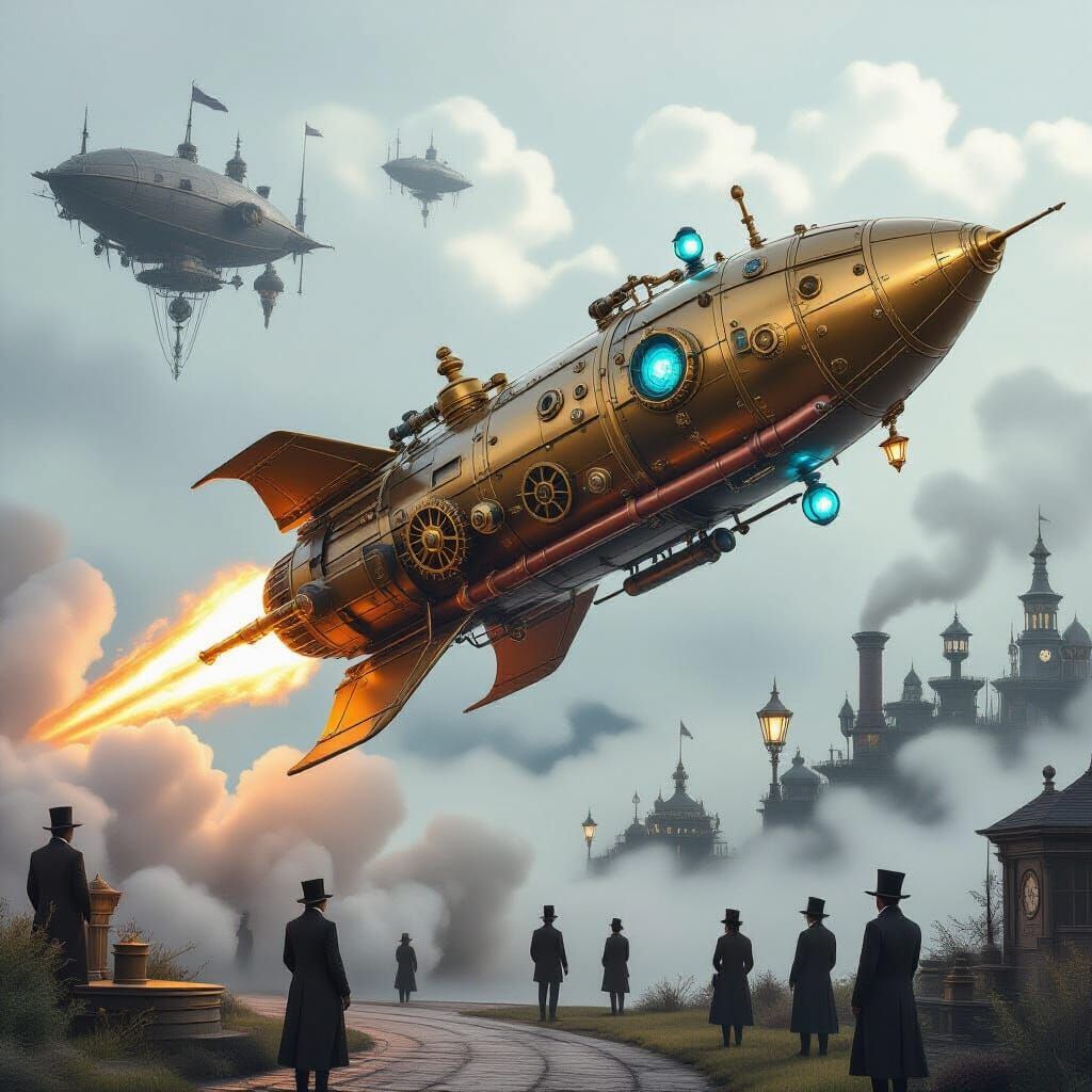 Steampunk Rocket Launch from Victorian Era Launchpad