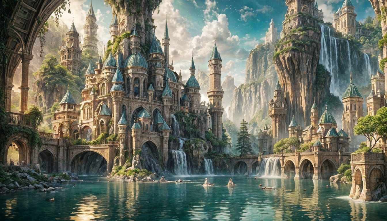 Fantasy Cliffside City with Waterfalls and Golden Spires