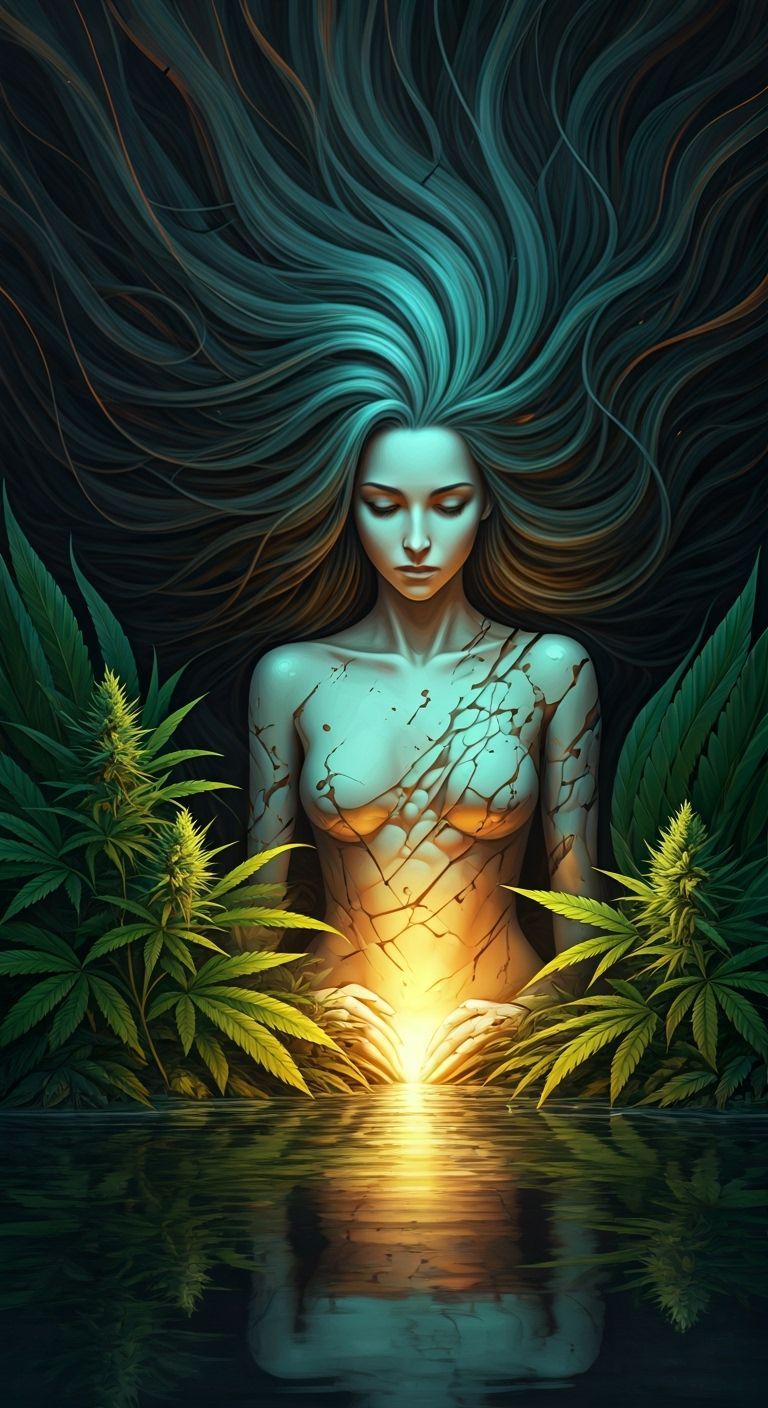 Woman by Glowing Pond with Marijuana Bloom
