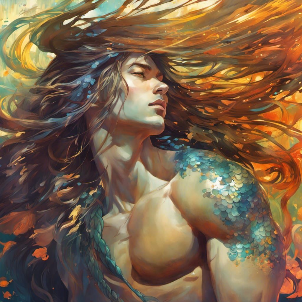 Striking Male Mermaid Portrait in Art Nouveau Style