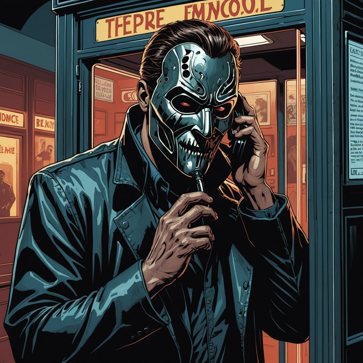 Man in Metal Mask Talking on Phone: Comic Book Art