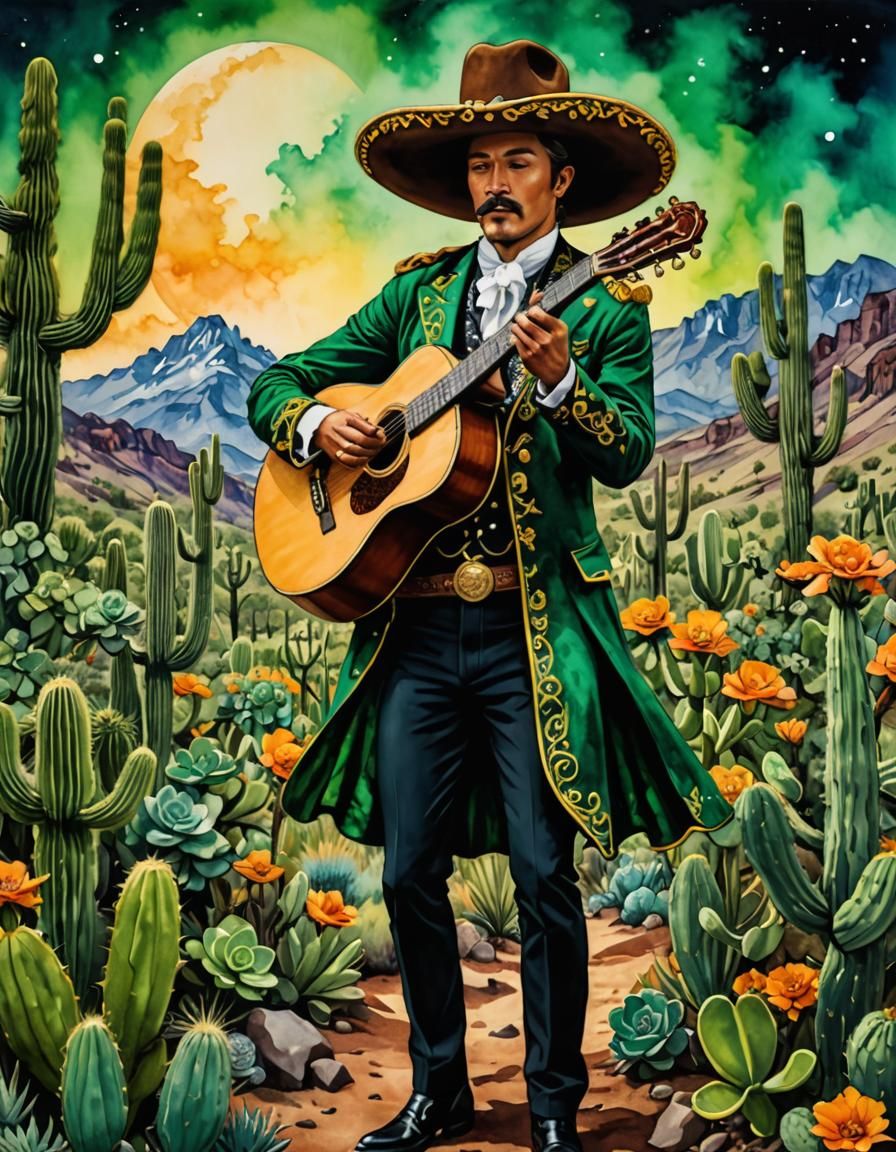 Verdant Mariachi Cactus in Alcohol Ink Style