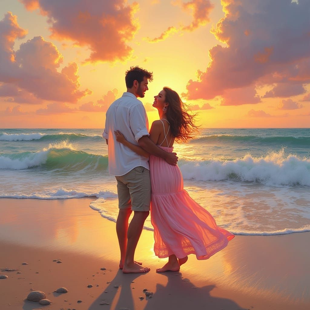 Romantic Beach Sunset in Impressionist Style
