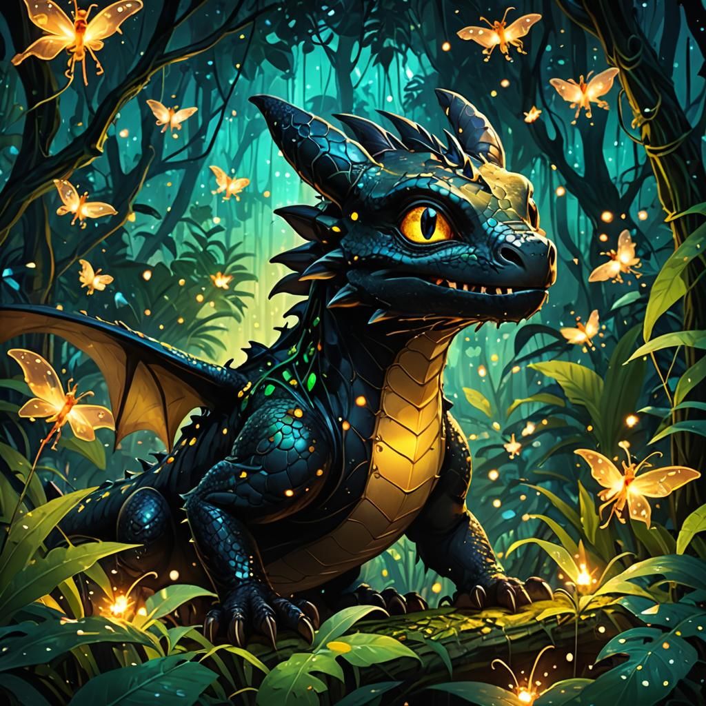 Toothless Dragon in Firefly Jungle: Miyazaki-Inspired Art