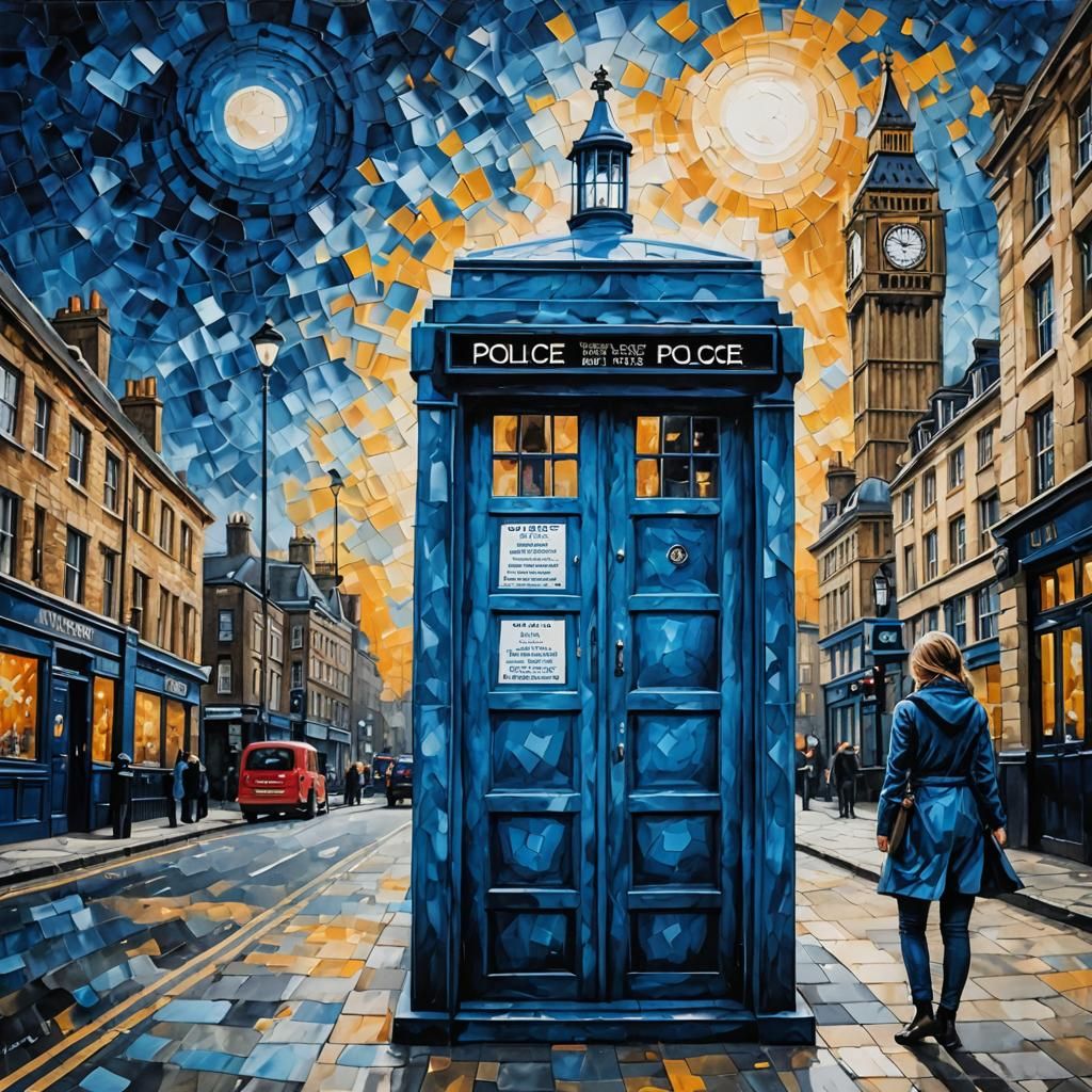 Blue Police Box in London, Impasto Style