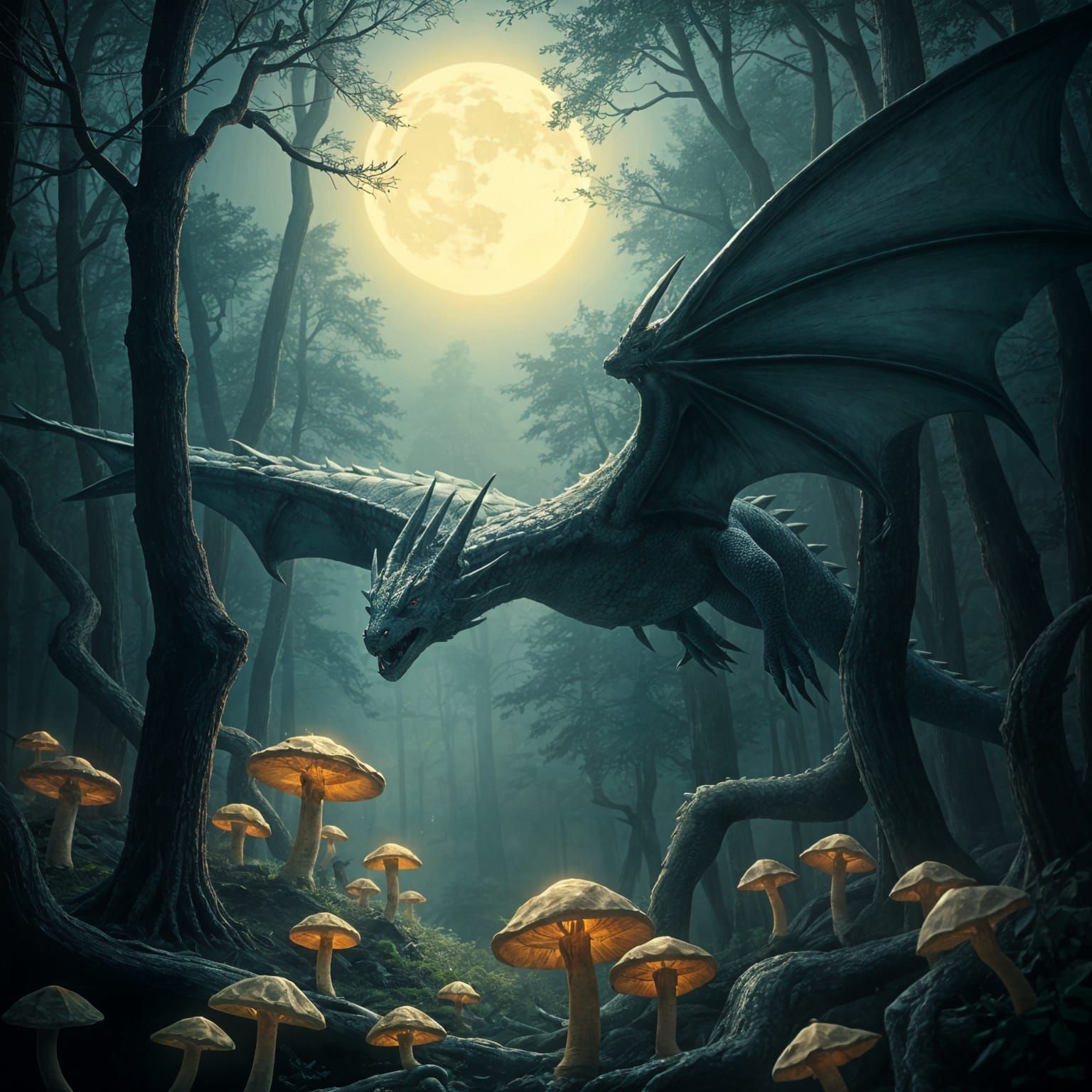 Dragon Soars Through Enchanted Mushroom Forest at Night