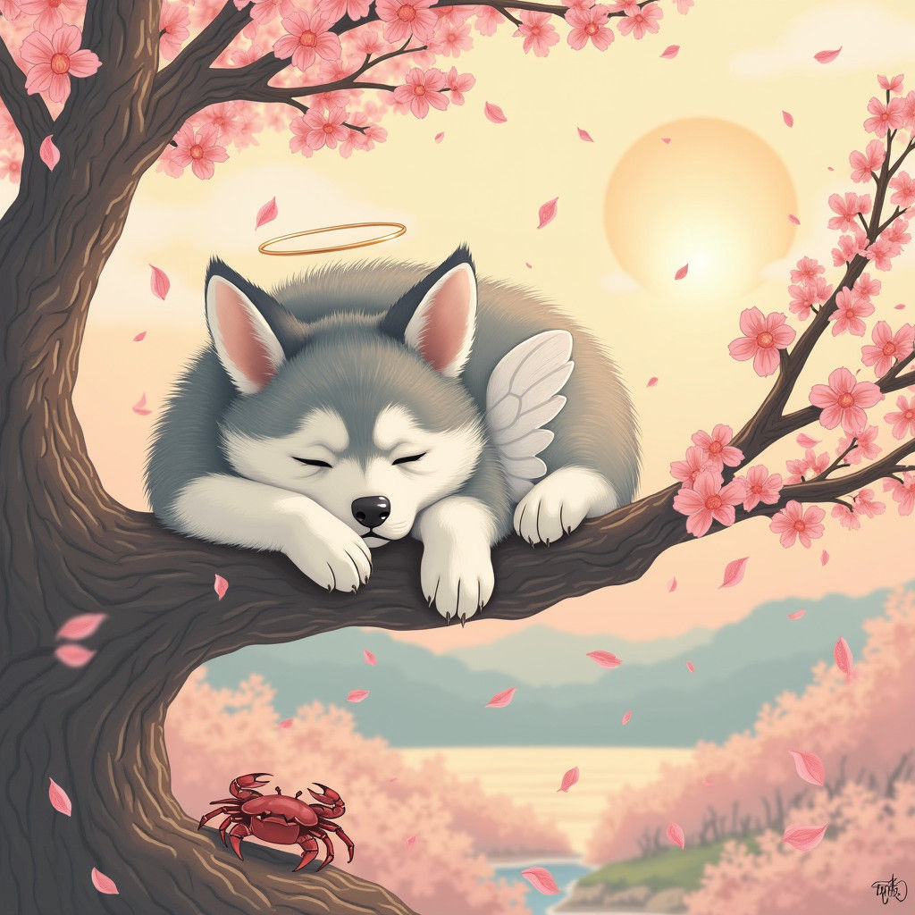 Dog with Wings on Cherry Blossom Branch in Ukiyo-e Style