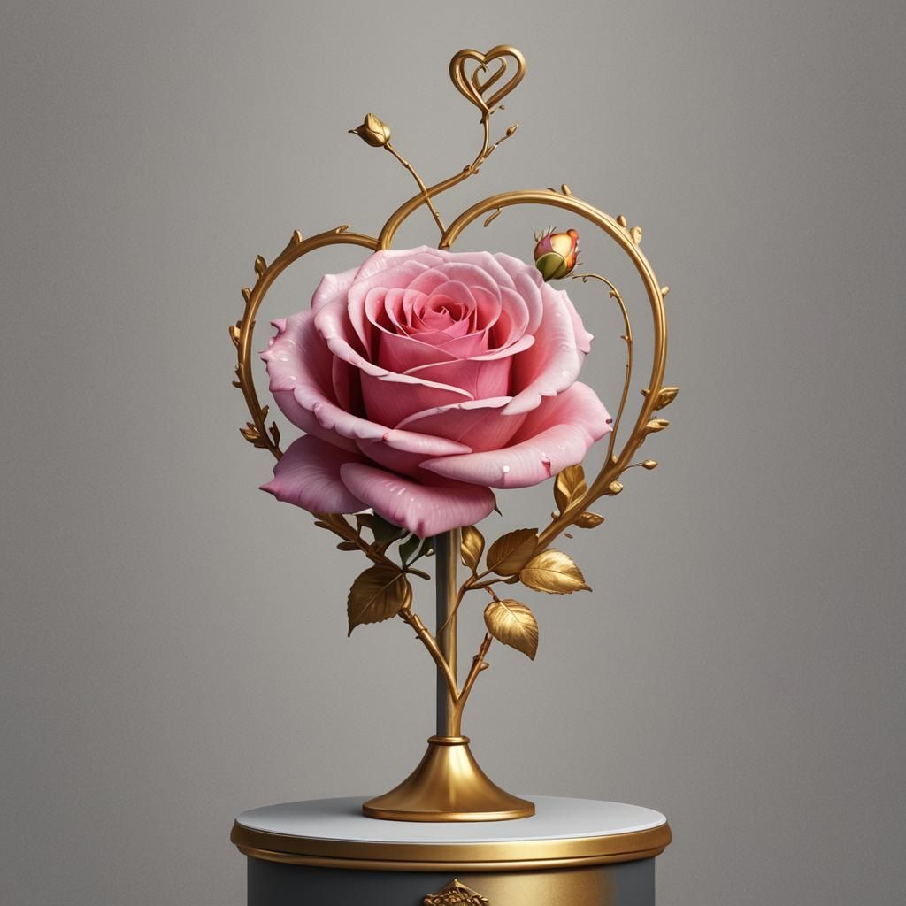 Vibrant Pink Rose on Golden Pedestal: 3D Digital Art