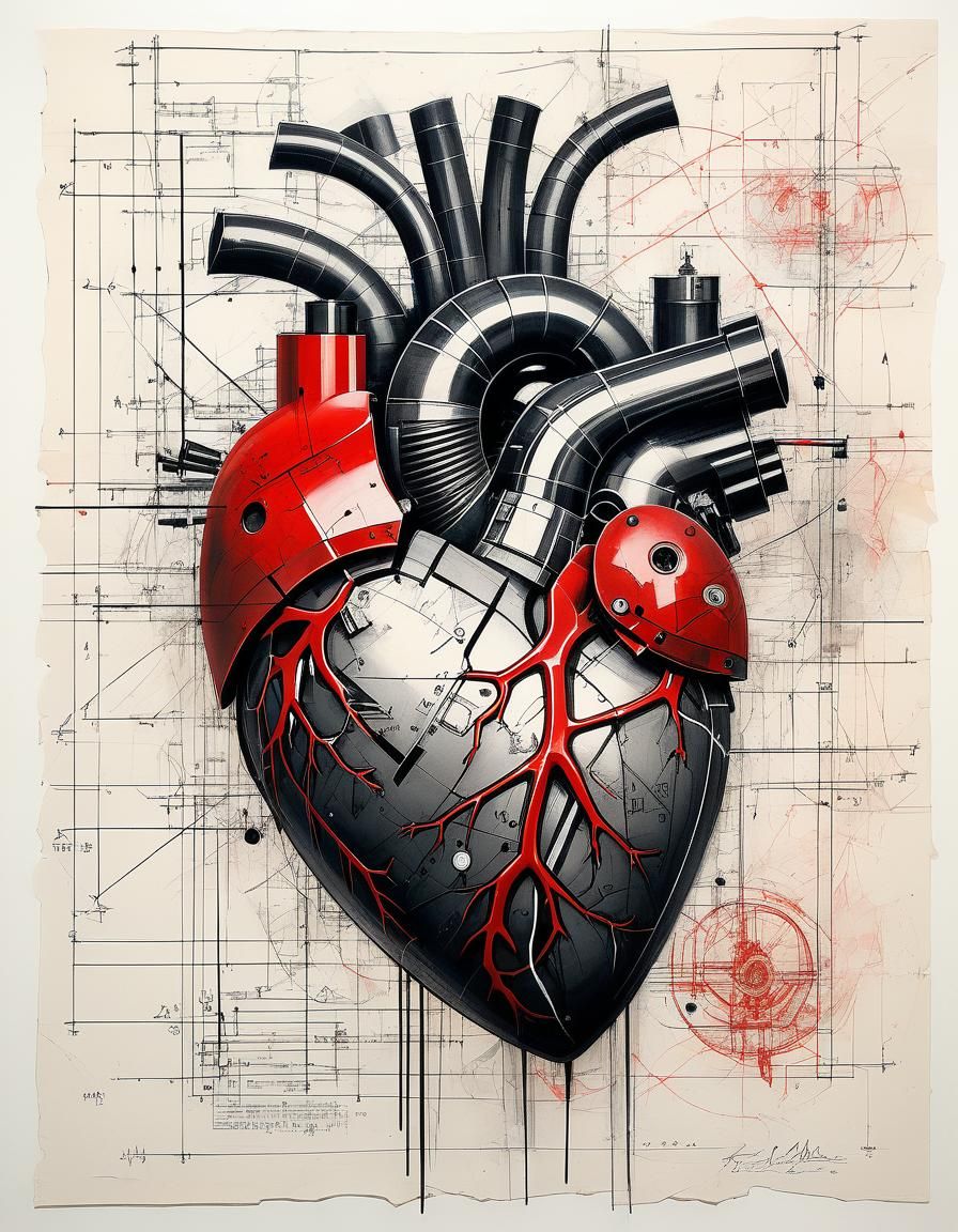 Mechanical Heart Blueprint in Charcoal Sketch Style