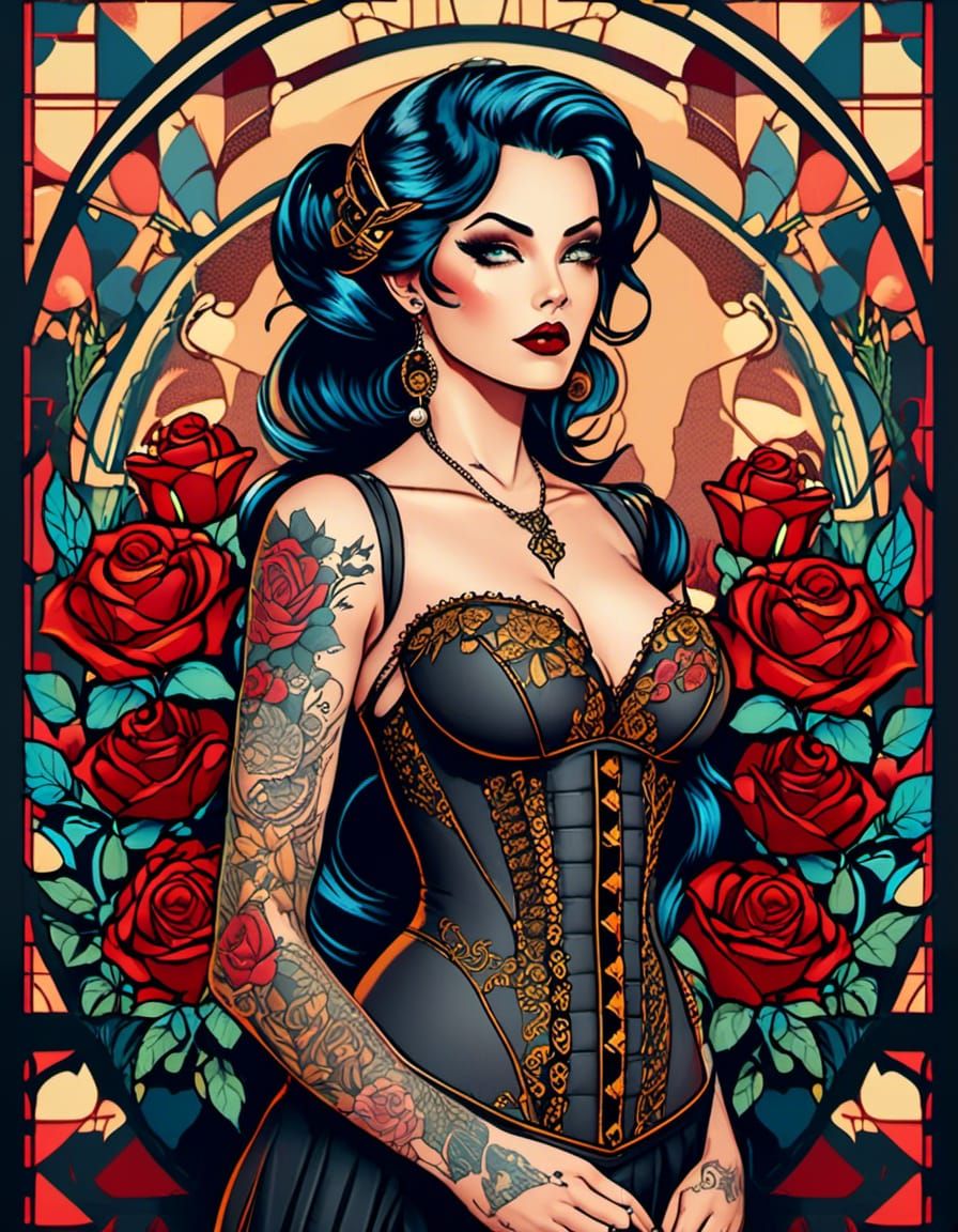 Tattooed Woman Portrait in Gothic Comicbook Style