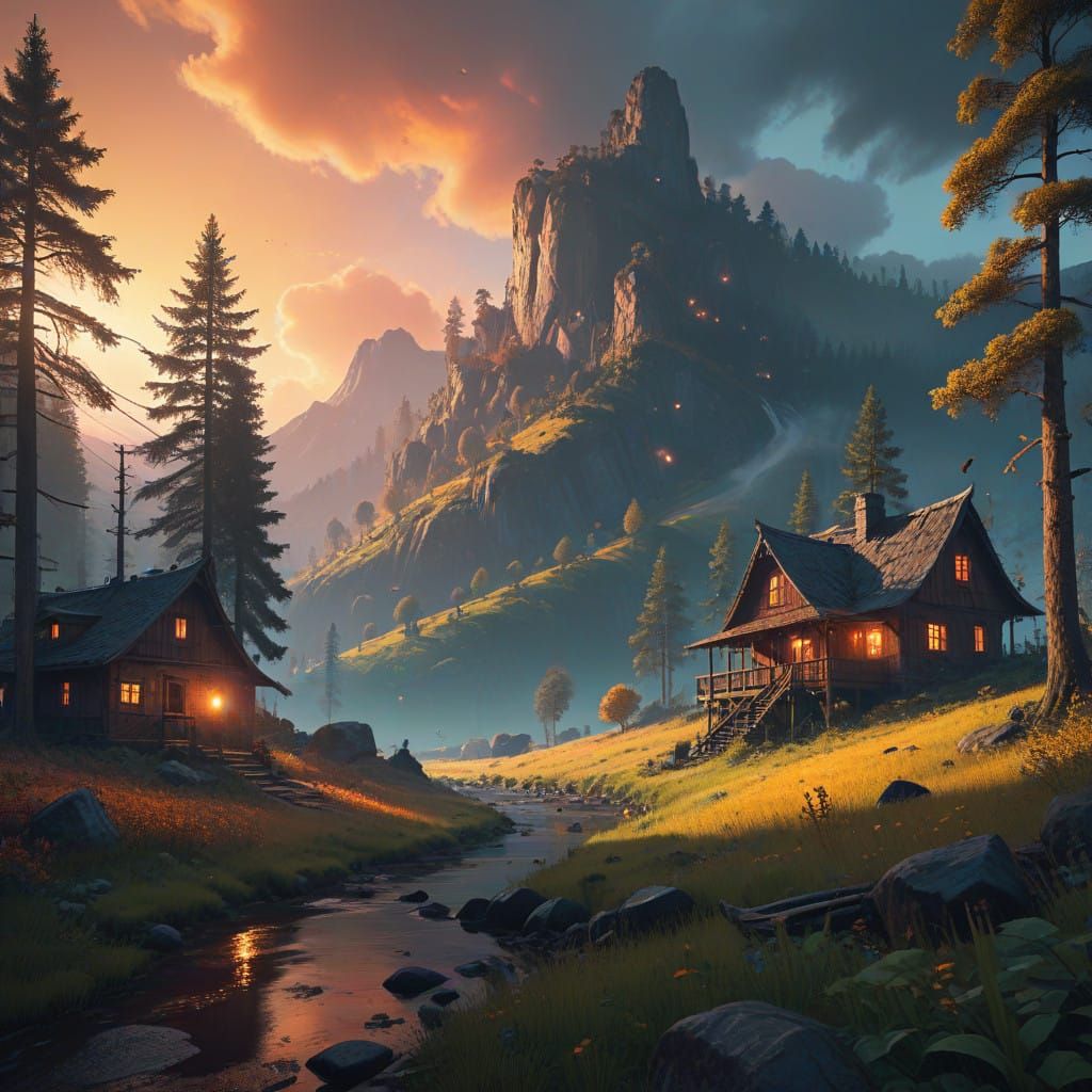 Serene Valley Village Under Golden Dusk