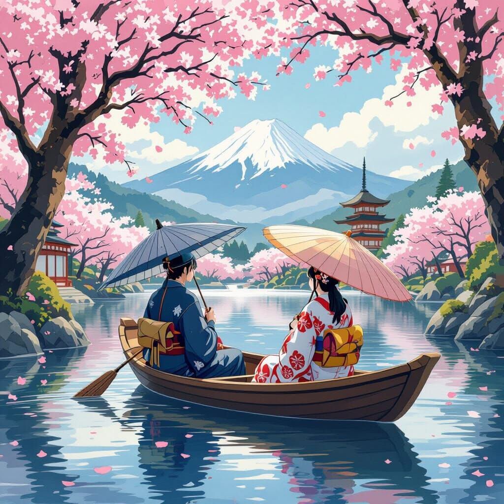 Elves in Kimonos on Lake in Anime Style