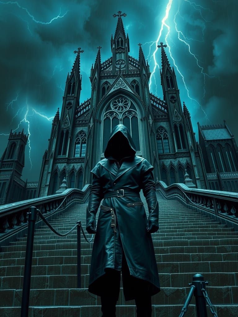 Hooded Figure at Gothic Cathedral in Dark Realism