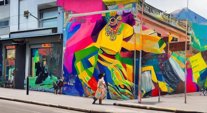 Latina Woman in Plaza with Colorful Murals