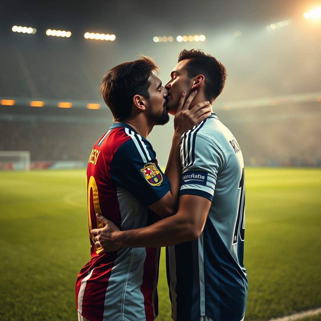 Messi and Ronaldo in Intimate Soccer Field Kiss
