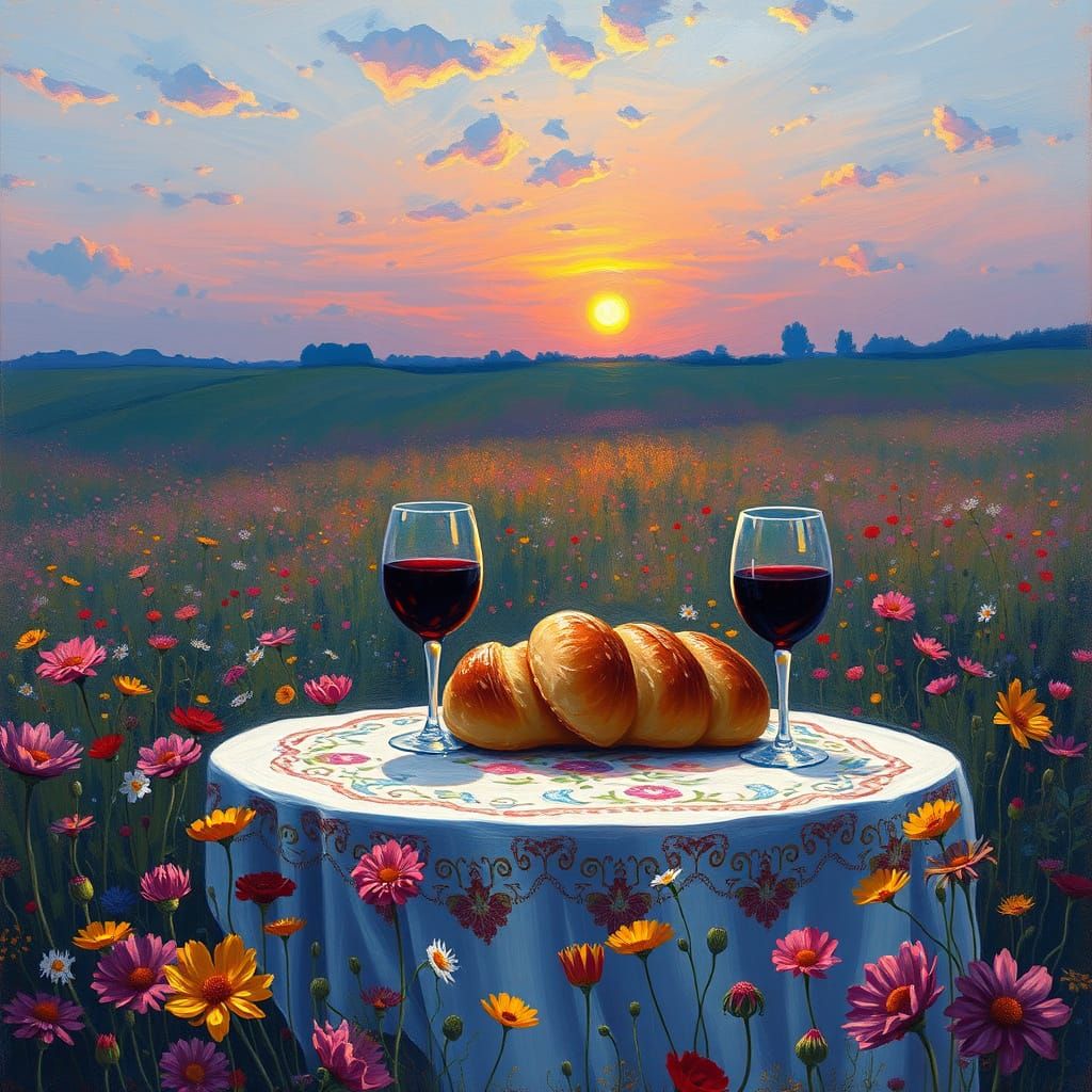 Serene Shabbat Table in a Wildflower Field, Impressionistic ...