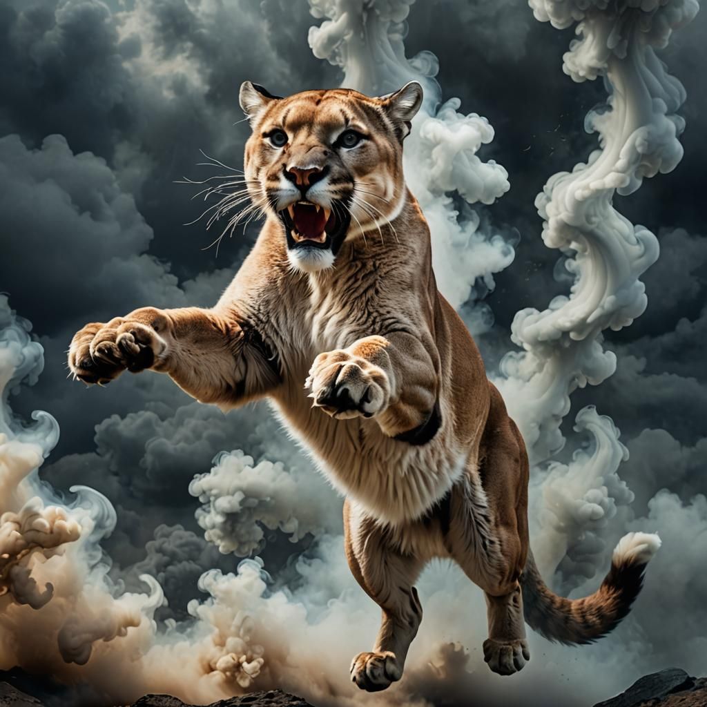 Ethereal Smoke Cougar Leaping in Air