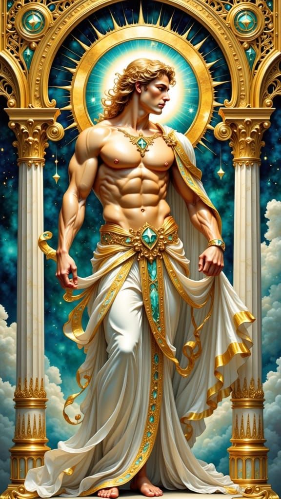 Majestic Sun God Apollo in Fantasy Ink Flux and Art Nouveau ...