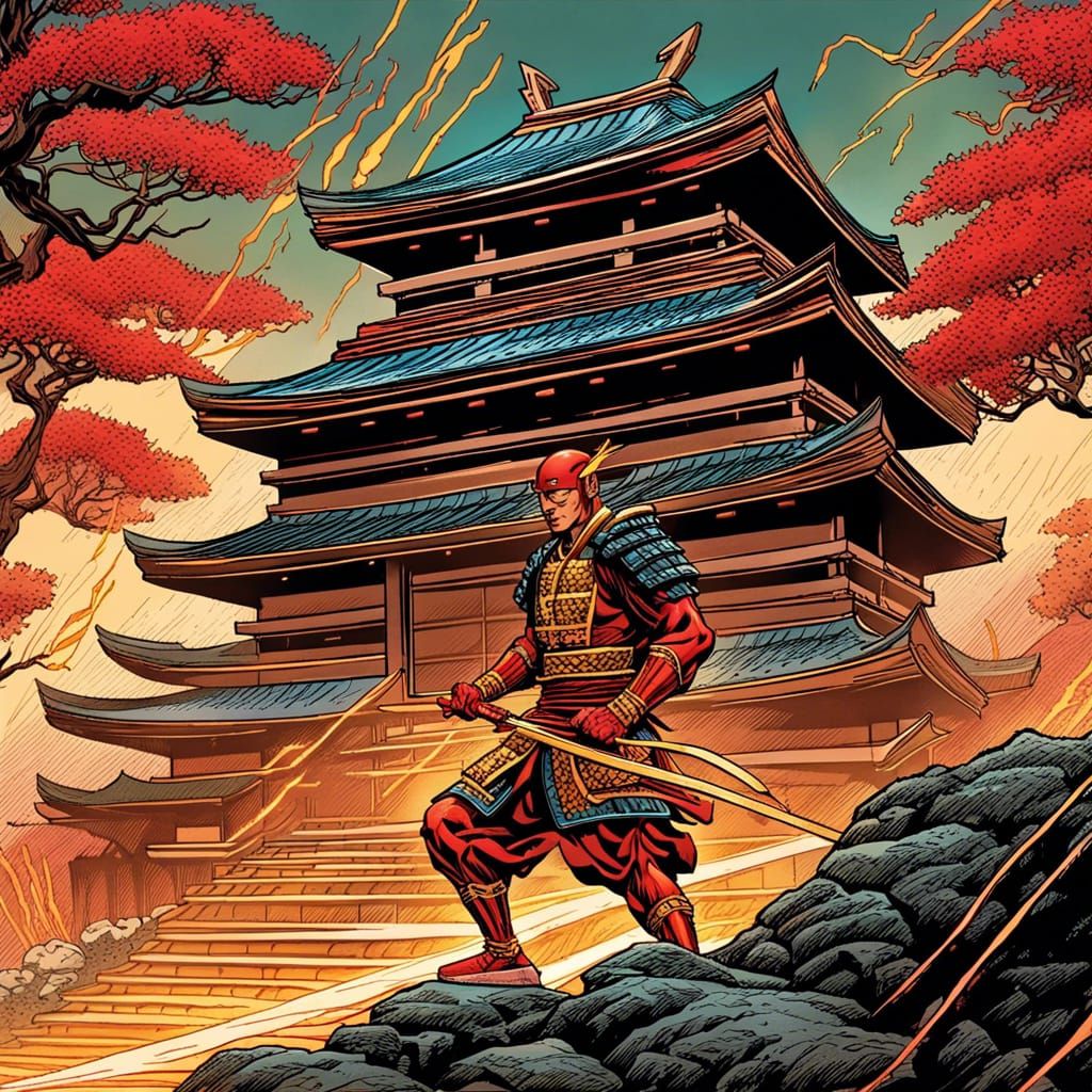 The Flash Samurai Protecting Temple in Comic Art Style