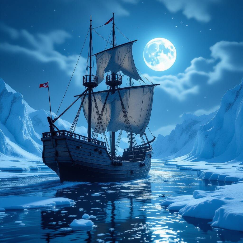 Ancient Wooden Ship Navigates Frozen Ocean Under Full Moon