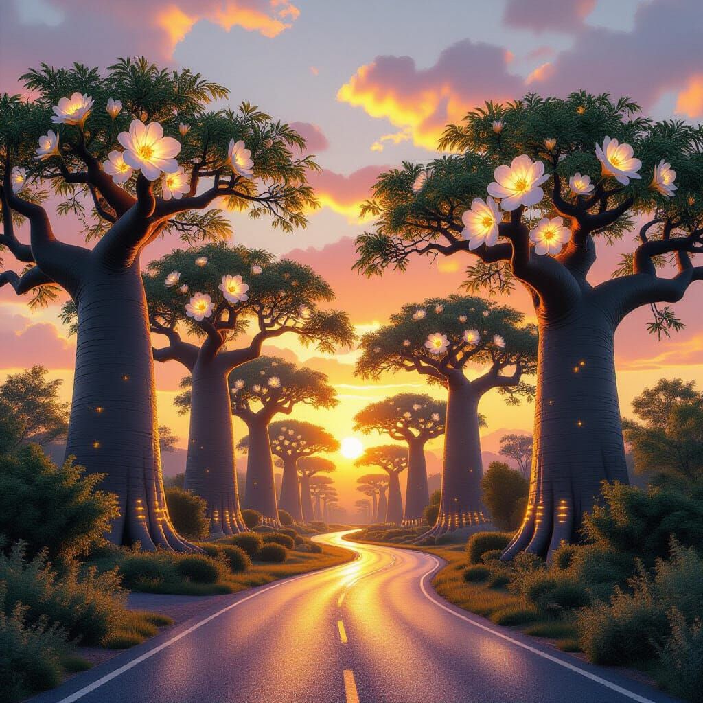 Magical Grove with Baobab Trees and Luminous Flowers