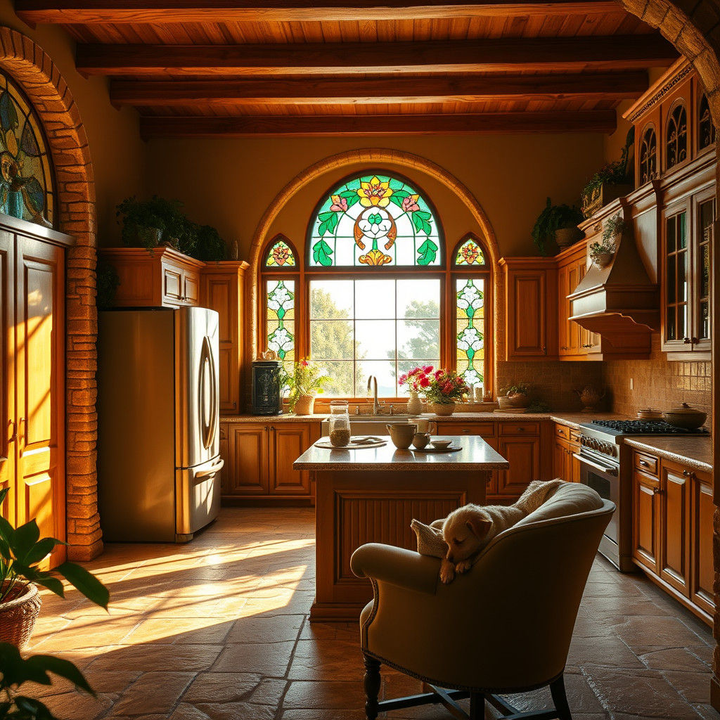 Italian-Style Fantasy Kitchen with Puppy, Stained Glass