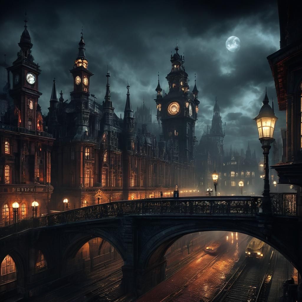 Steampunk Megacity at Night with Gothic Clocktowers
