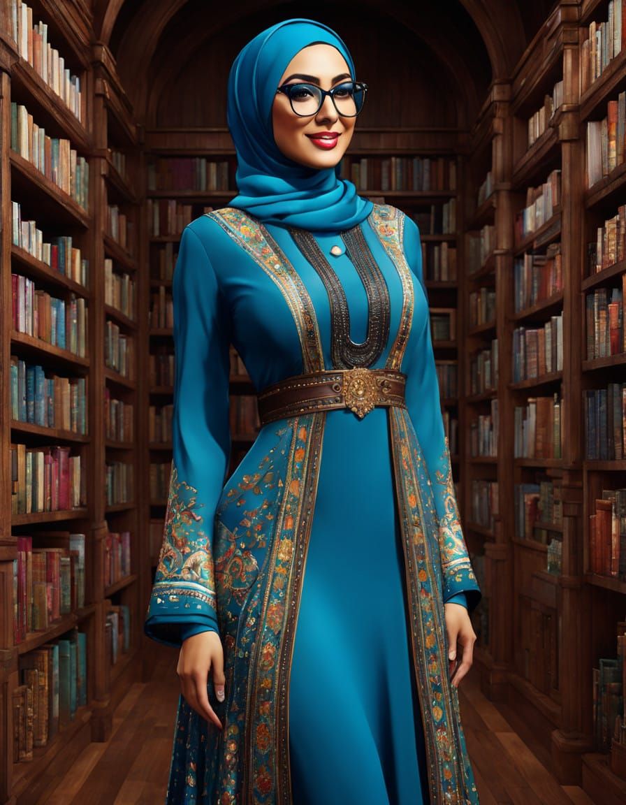 Elegant Curvy Hijabi Woman in Art Deco Library