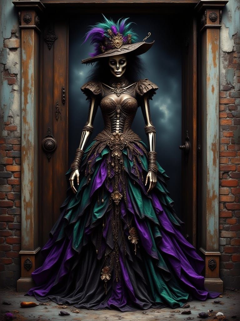 Eerie Woman Morphing into Skeleton in Opulent Gown