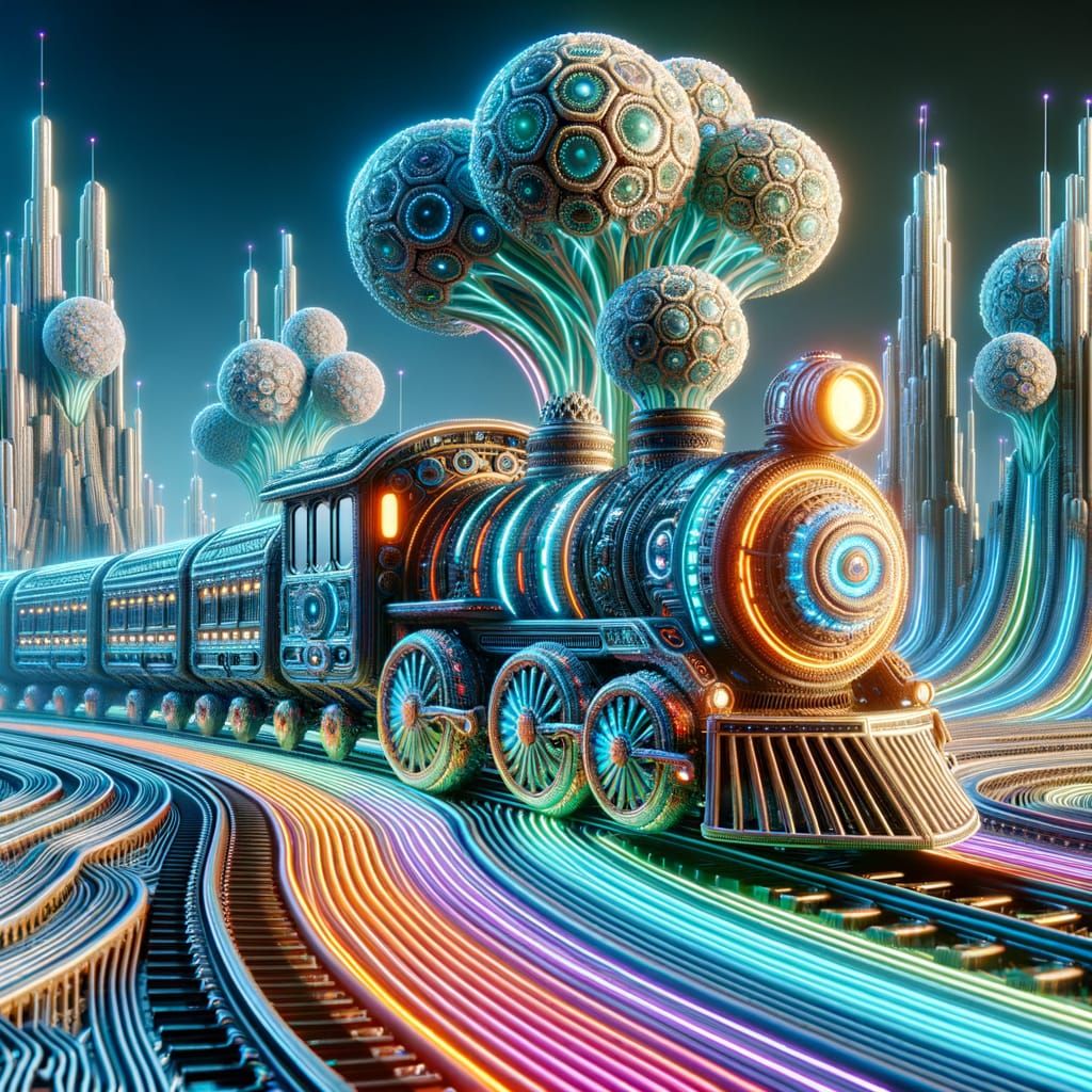 Futuristic Train as Macroscopic Organism Speeds Along Neon T...