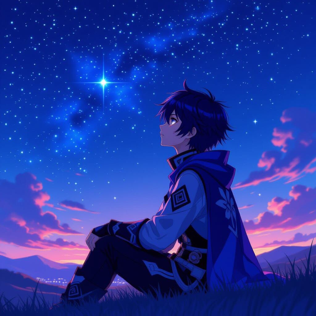 Anime Boy Gazing at Starry Night Sky